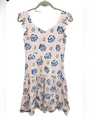 Mata Traders Cream Dress with Blue Rose and Coral Polka Dot Print